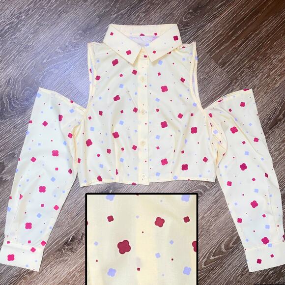XS Pale Yellow Printed Cold Shoulder Button Down Crop Menswear Collared Blouse - Picture 2 of 7